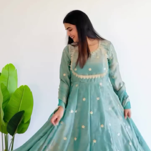 Teal Green Hand-Embroidered Anarkali Set with Dupatta & Golden Lace Detailing