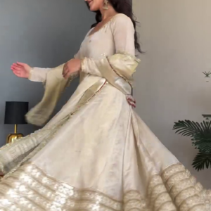 Ivory Gold-Sequined Flared Anarkali Suit with Embellished Neckline – Elegant Festive Wear