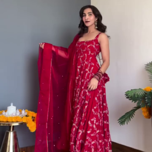 Crimson Red Thread-Embroidered Anarkali Suit with Matching Dupatta – Festive Celebration Edition