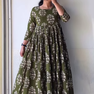 Olive Green Floral Print Anarkali-Style Maxi Dress – Casual Ethnic Comfort Edition