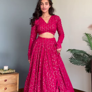 Rani Pink Sequin-Embellished Georgette Lehenga Set with Long-Sleeve Blouse – Premium Festive Collection