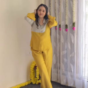 Two-Tone Mustard & Beige Co-Ord Set – Premium Satin Comfort Wear