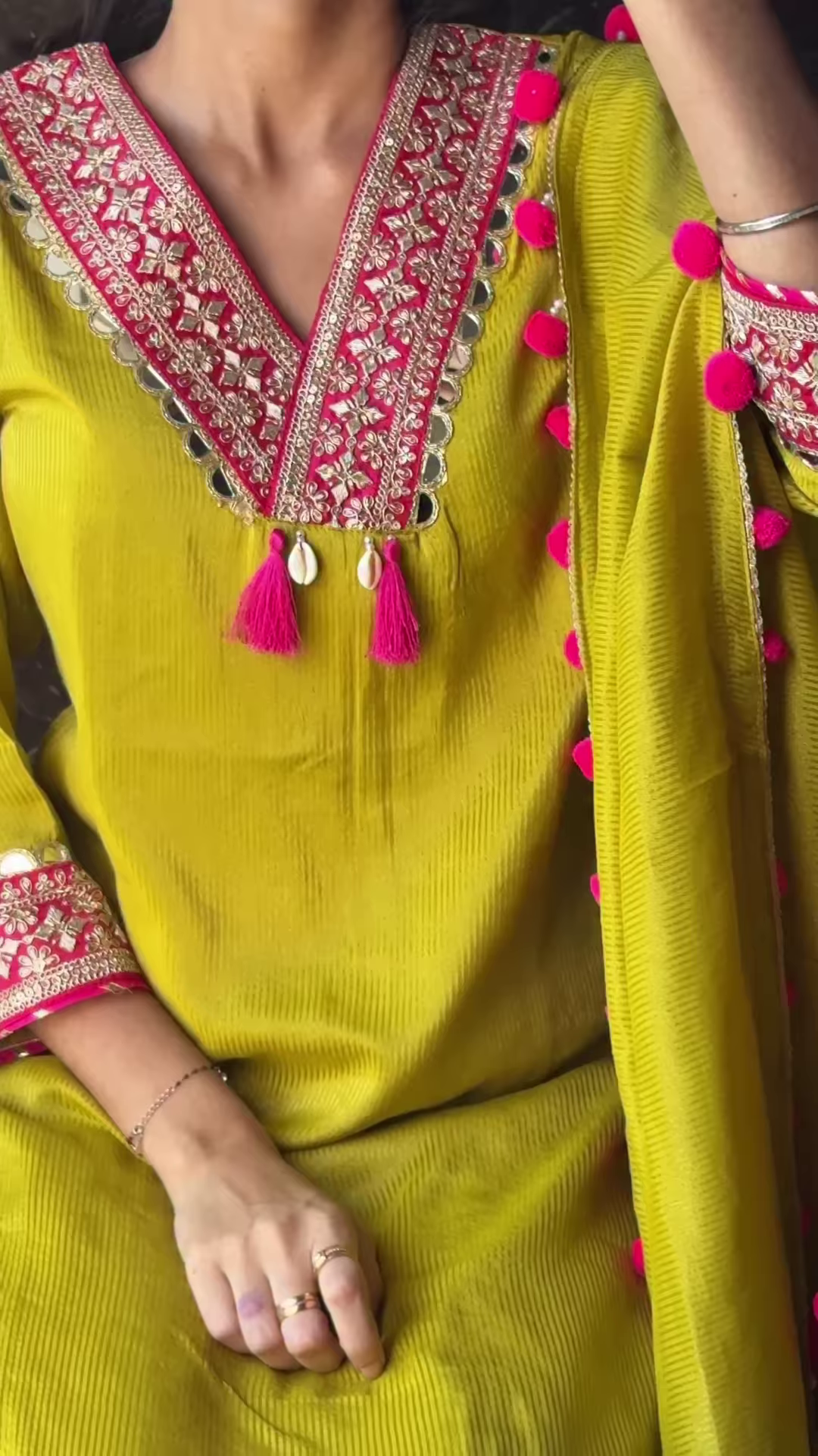 Vibrant Yellow Embroidered Suit Set with Pink Pom-Pom Dupatta – Festive & Traditional Wear - Image 2