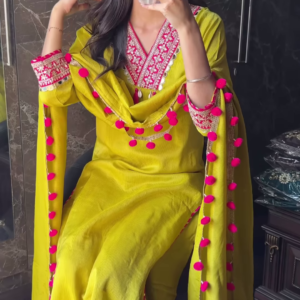 Vibrant Yellow Embroidered Suit Set with Pink Pom-Pom Dupatta – Festive & Traditional Wear