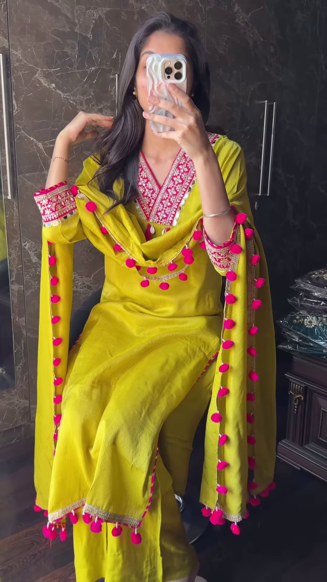 Vibrant Yellow Embroidered Suit Set with Pink Pom-Pom Dupatta – Festive & Traditional Wear