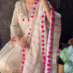 Cream & Gold Striped Mirror-Work Suit Set with Pink Pom-Pom Dupatta