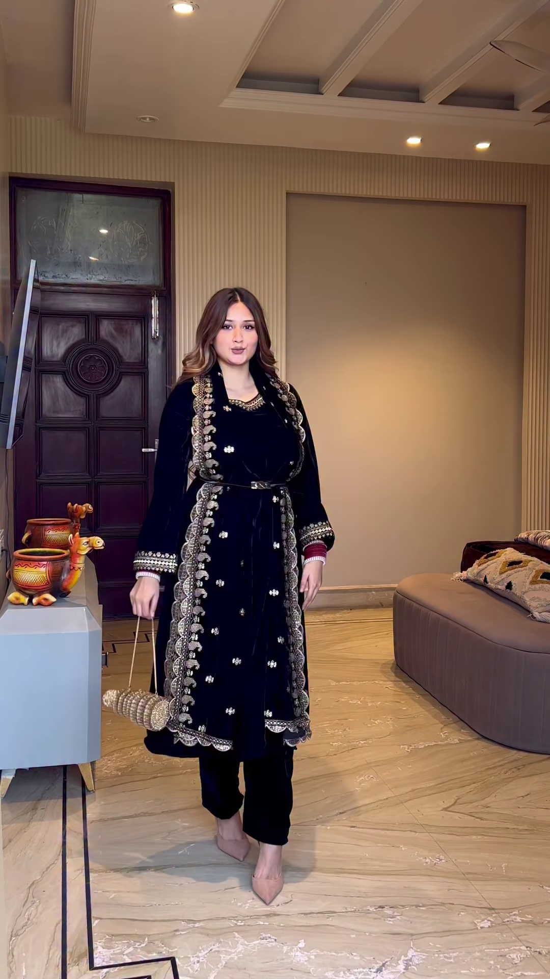 Luxury Black Velvet Embroidered Suit Set with Antique Golden Detailing