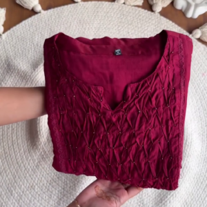 Maroon Textured Smocking Kurta with Subtle Hand-Bead Detailing