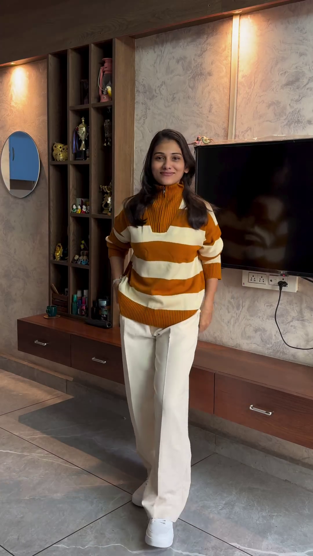 Mustard & Cream Striped Winter Knitwear Pullover – High-Neck Cozy Sweater - Image 2