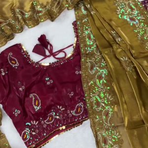 Premium Maroon Embroidered Designer Blouse with Heavy Golden Dupatta