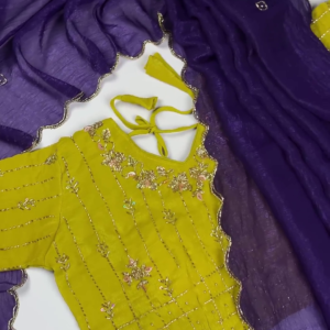 Premium Mustard Embroidered Blouse with Elegant Purple Dupatta Set