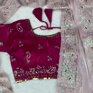 Premium Magenta Embroidered Designer Blouse with Elegant Pastel Dupatta Set