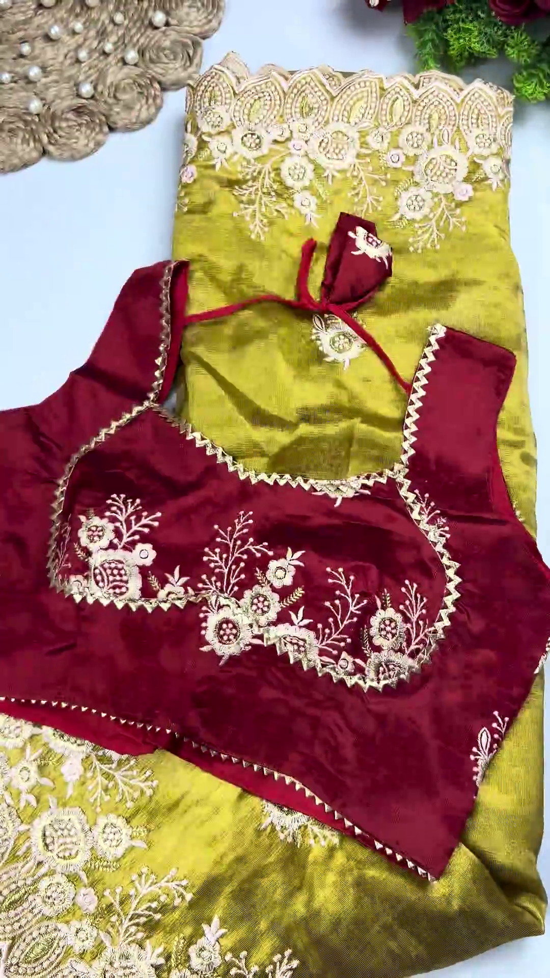 Royal Maroon Heavy Embroidered Designer Blouse with Olive Green Saree Set