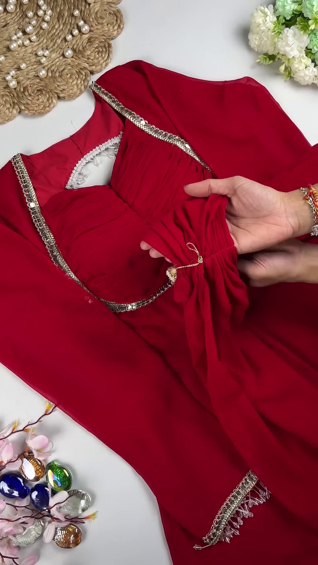 Crimson Passion Designer Ruched Gown with Crystal Accents