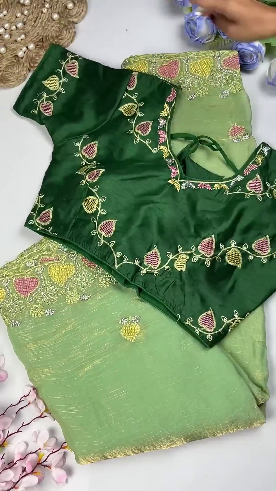 Royal Maroon Leaf-Embroidered Blouse with Sand Gold Saree Set - Image 3