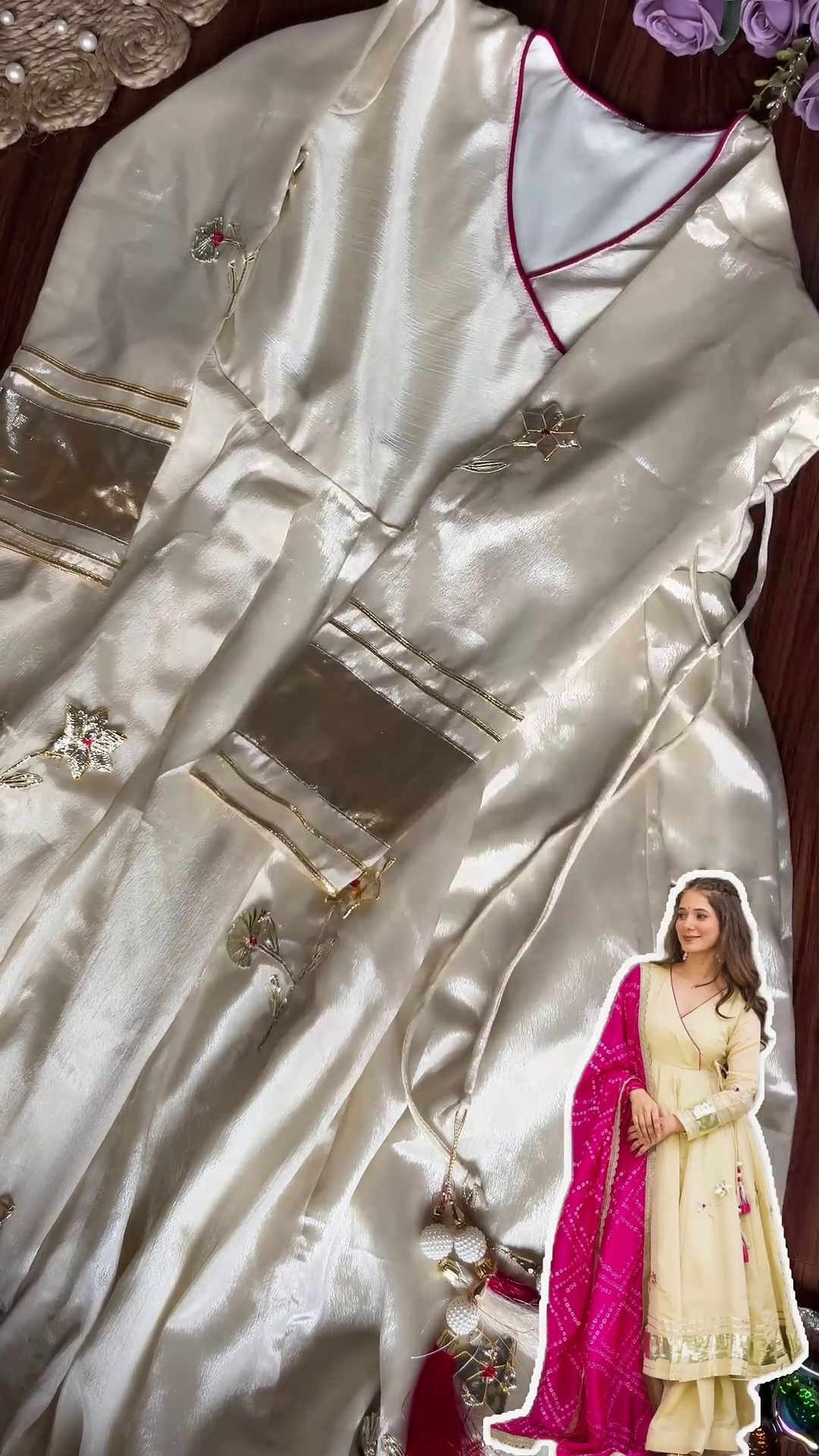 Lustrous Ivory Angrakha Anarkali with Bandhani Contrast Dupatta