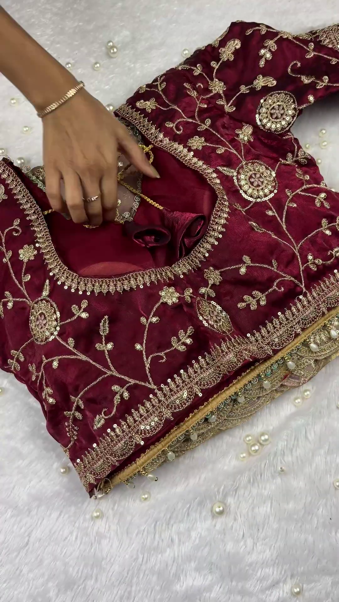Ornate Wine Velvet Blouse with Intricate Golden Embroidery - Image 2