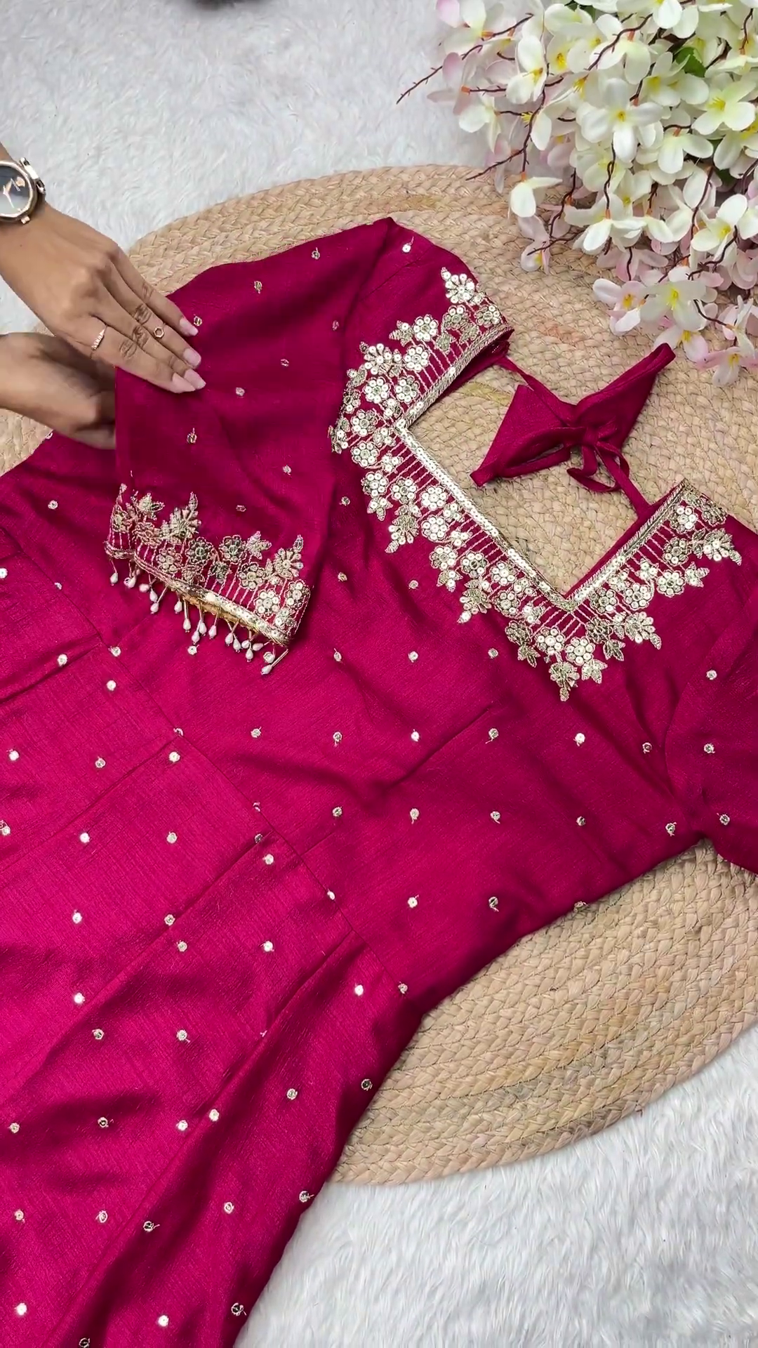 Grand Fuchsia Pink Anarkali with Floral Zari Artistry - Image 3