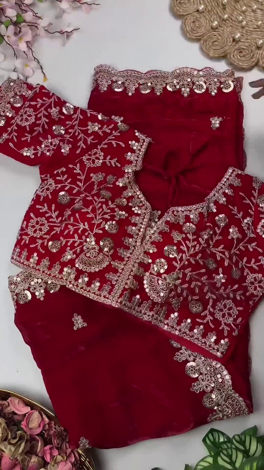 Grand Maroon Velvet Saree Set with Floral Zari jaal