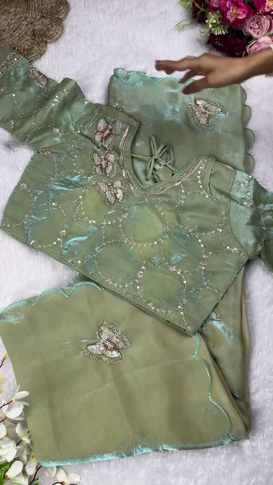 Slate Grey Butterfly Artistry Saree Set - Image 3