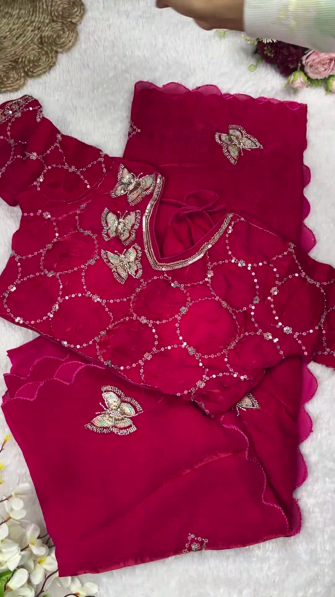 Slate Grey Butterfly Artistry Saree Set - Image 4