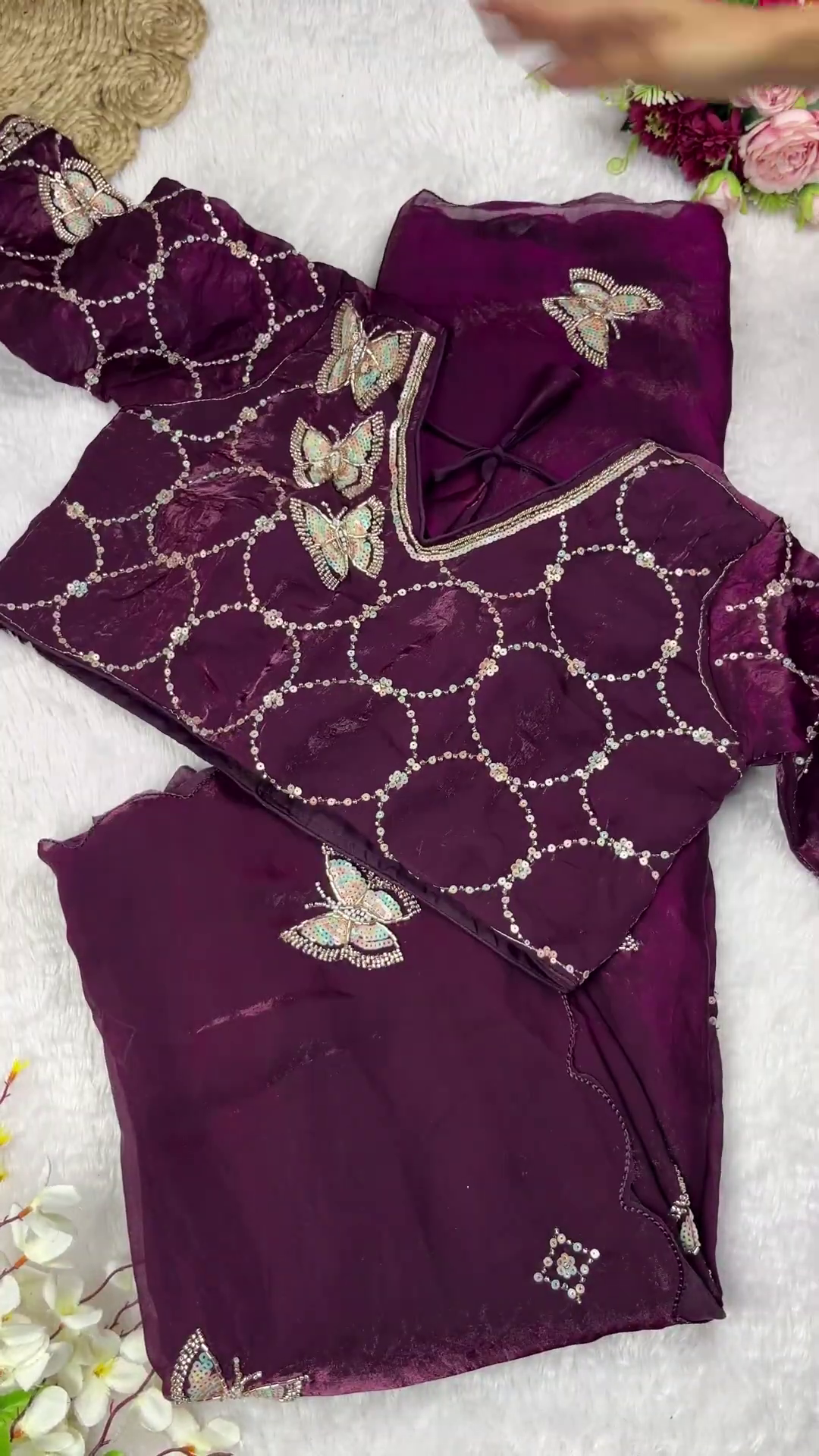 Slate Grey Butterfly Artistry Saree Set - Image 5