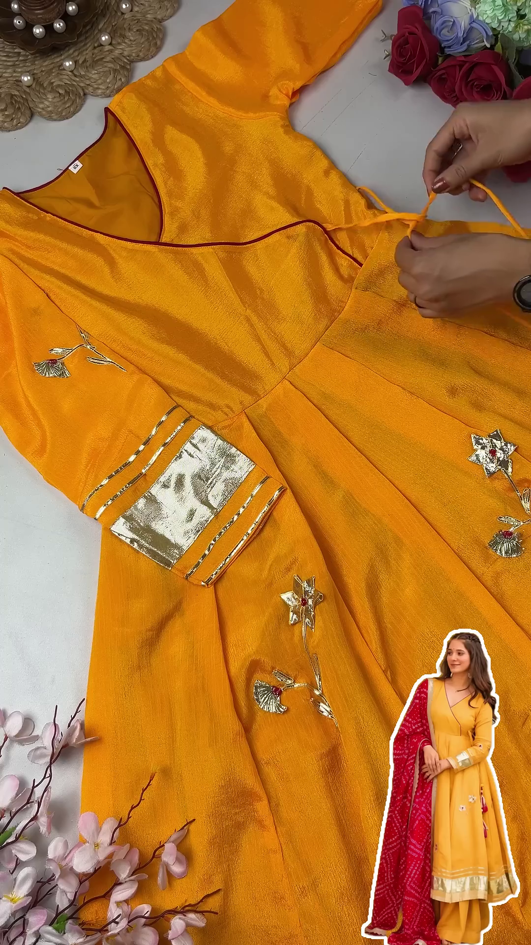 Sun-Kissed Mustard Anarkali with Angrakha Neckline and Bandhani Dupatta