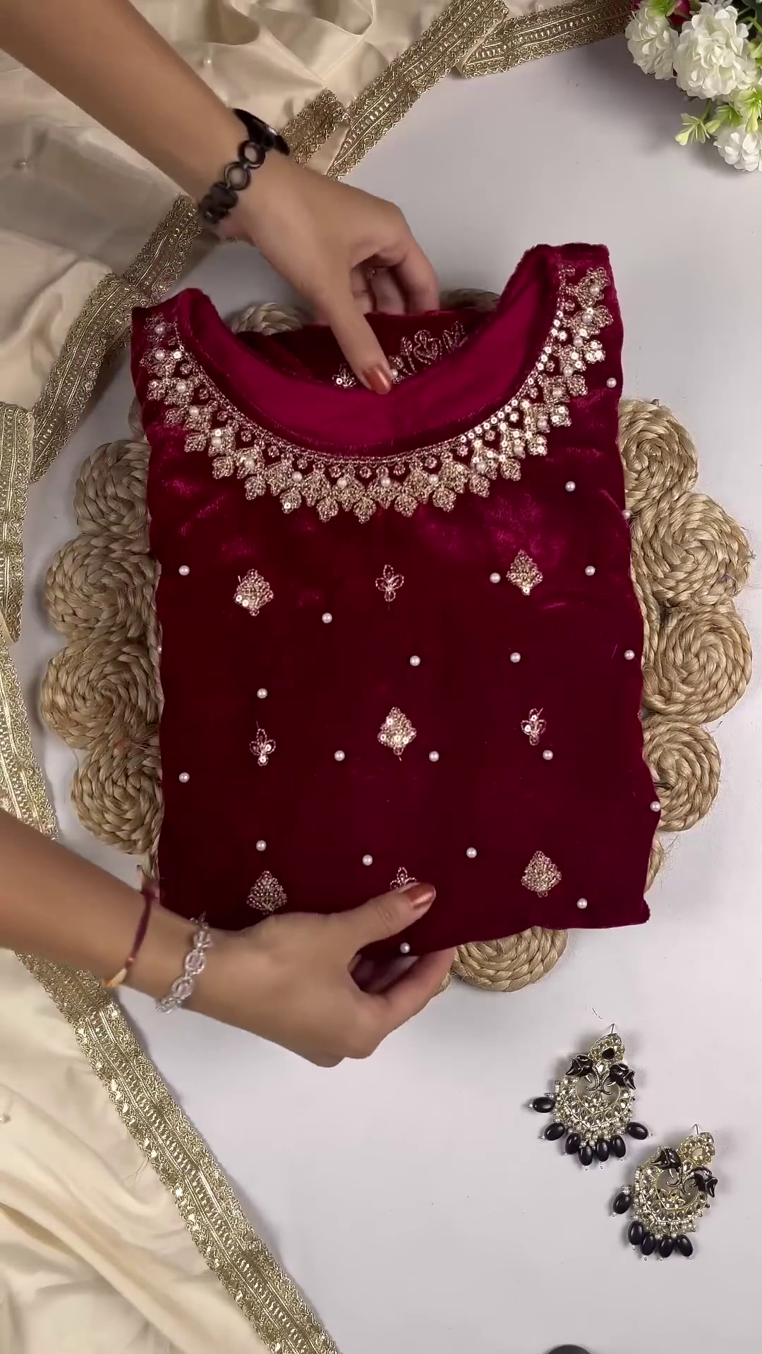 Regal Ruby Velvet Anarkali with Golden Floral Zari and Sequin Embroidery