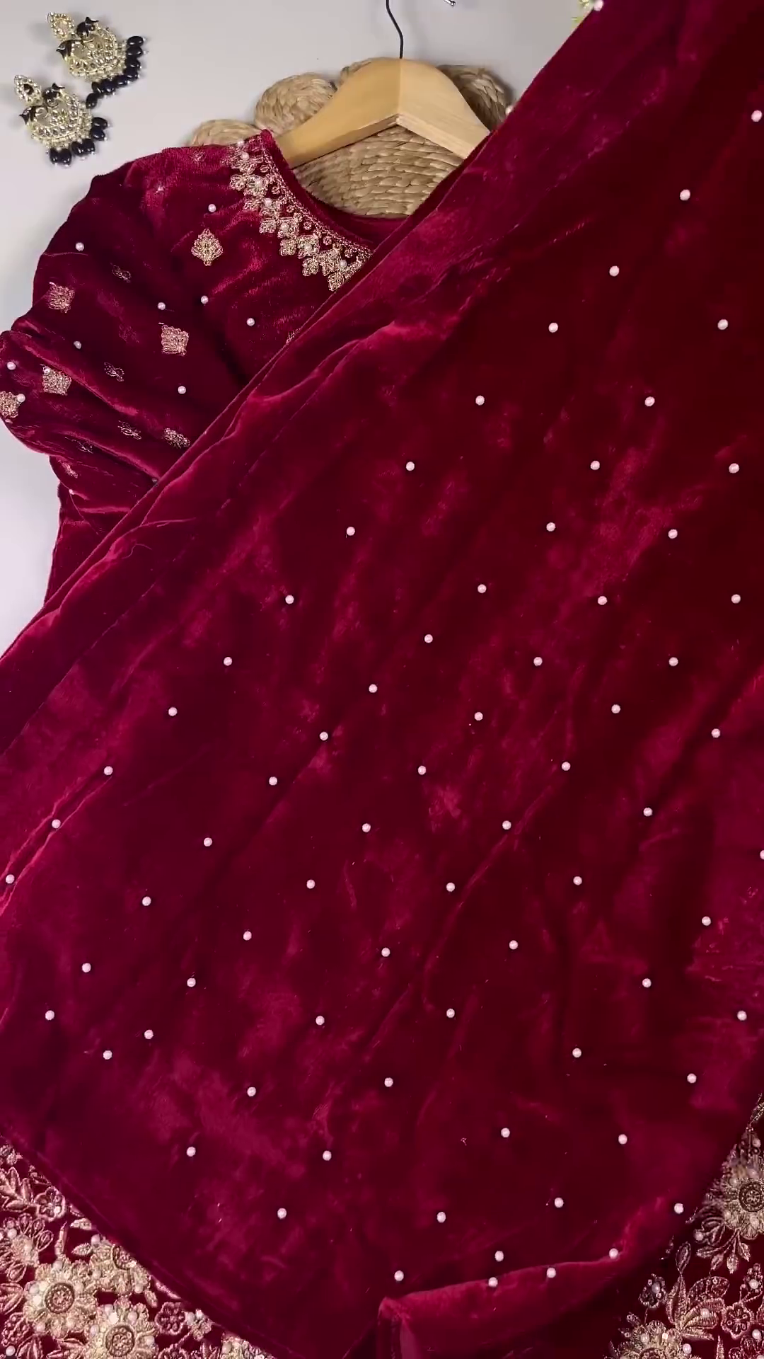 Regal Ruby Velvet Anarkali with Golden Floral Zari and Sequin Embroidery - Image 2