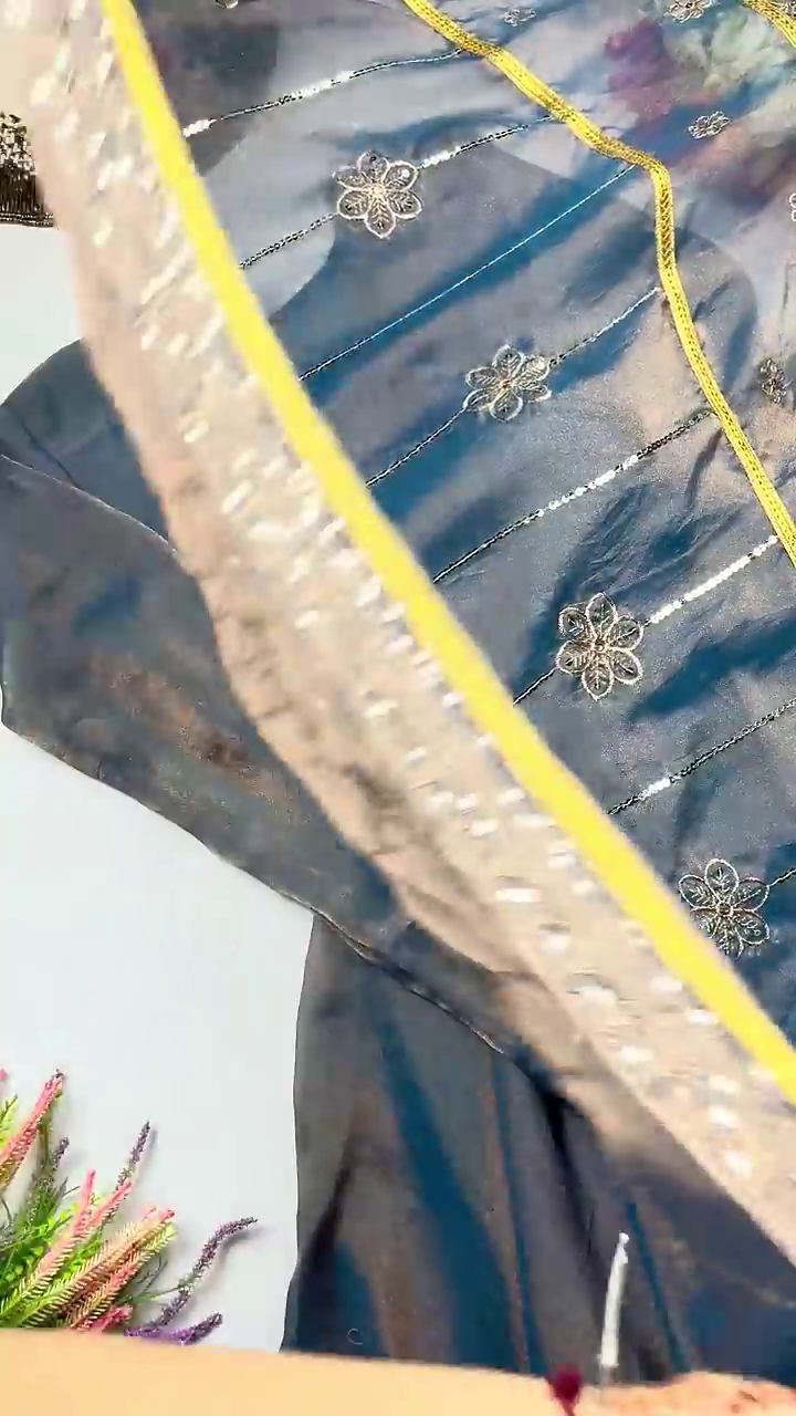 Celestial Blue Shimmer Gown with Scalloped Neckline and Fluid Drapery - Image 2