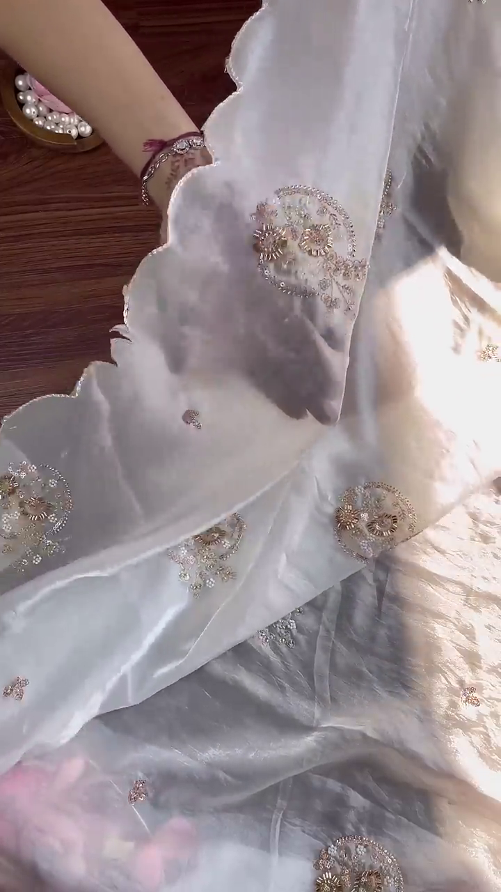 Ivory Organza Blouse with Hand-Embroidered Floral Vines and Pearl Droplets - Image 3