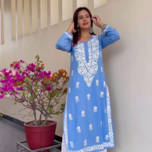 Elegant Sky Blue Ethnic Kurti Set with White Embroidery – Available in 2 Timeless Colors