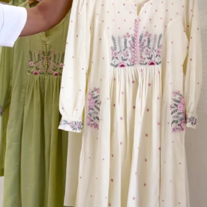 Elegant Embroidered Cotton Dresses – Full Sleeve Anarkali Style | Available in 2 Soft Tones