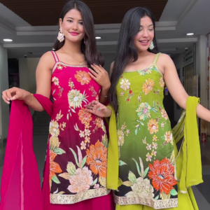 '- Lime Green Floral Embroidered Suit Set with Dupatta – Vibrant Traditional Ensemble for Women