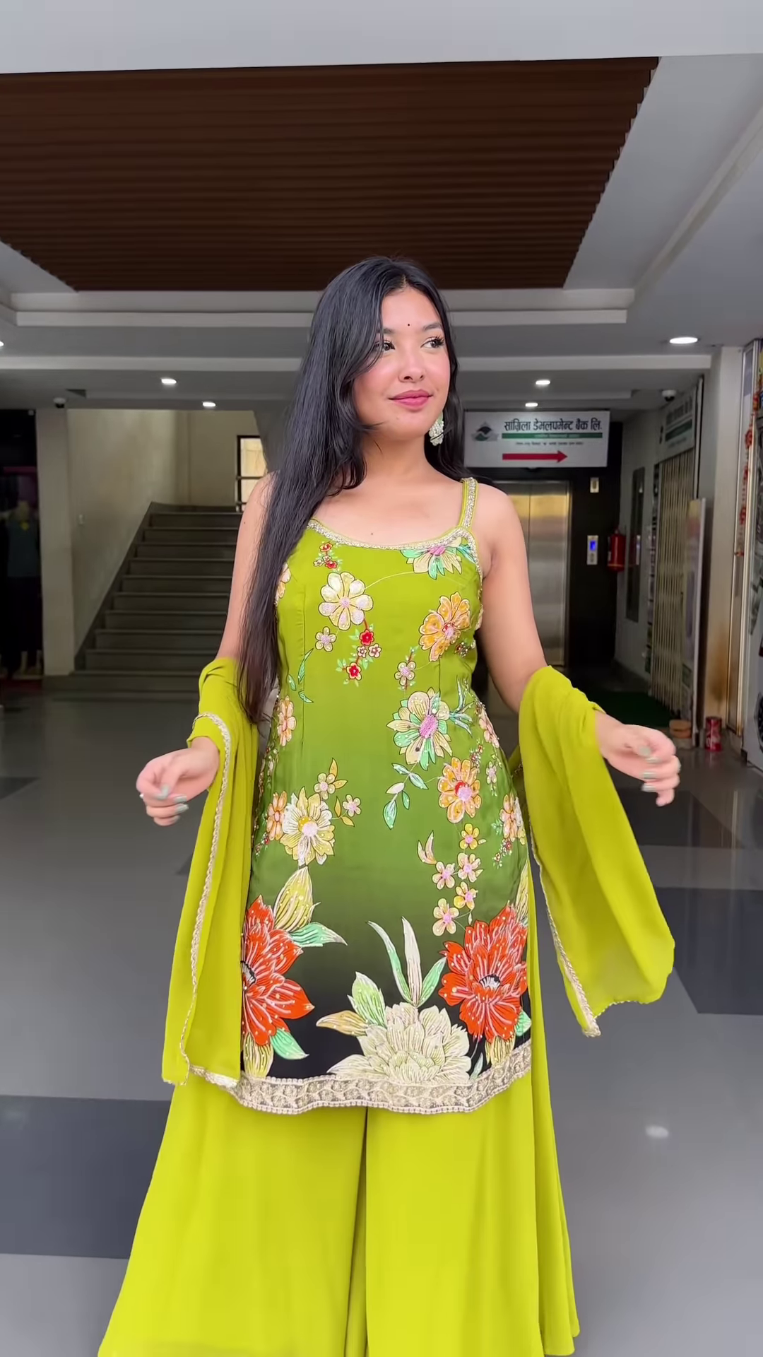 '- Lime Green Floral Embroidered Suit Set with Dupatta – Vibrant Traditional Ensemble for Women - Image 2