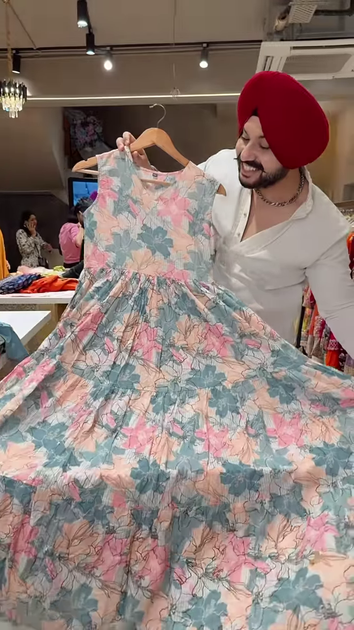 Floral Printed Dress with Embroidered Blue Jacket – Elegant Indo-Western Set for Women - Image 3