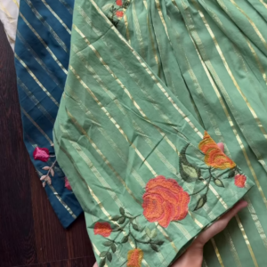Embroidered Kurta Trio with Gold Stripes – Floral Neckline Ethnicwear in Green, Blue & White