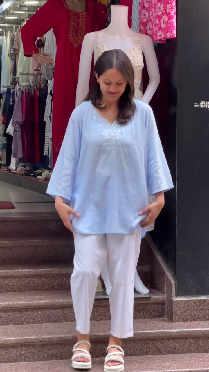 Women's Soft Cotton A-Line Kurti with Embroidery – Light Blue | 3 Color Options - Image 2