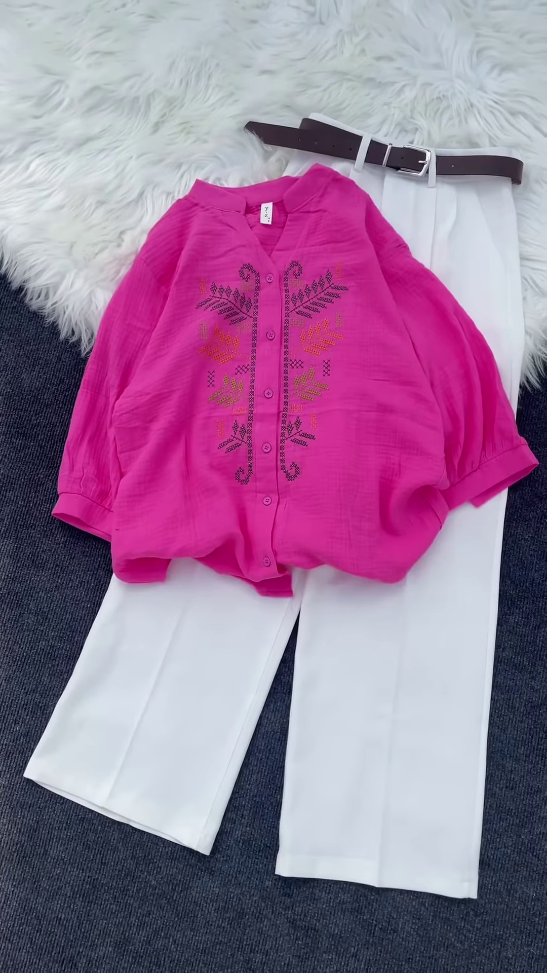 Multicolor Embroidered Shirt Set with Leaf & Geometric Motifs – Casual Ethnic Tops for Women - Image 4