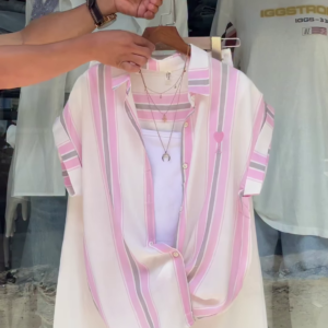 Pink & White Striped Shirt with Layered Tank Top – Casual Chic Outfit for Women