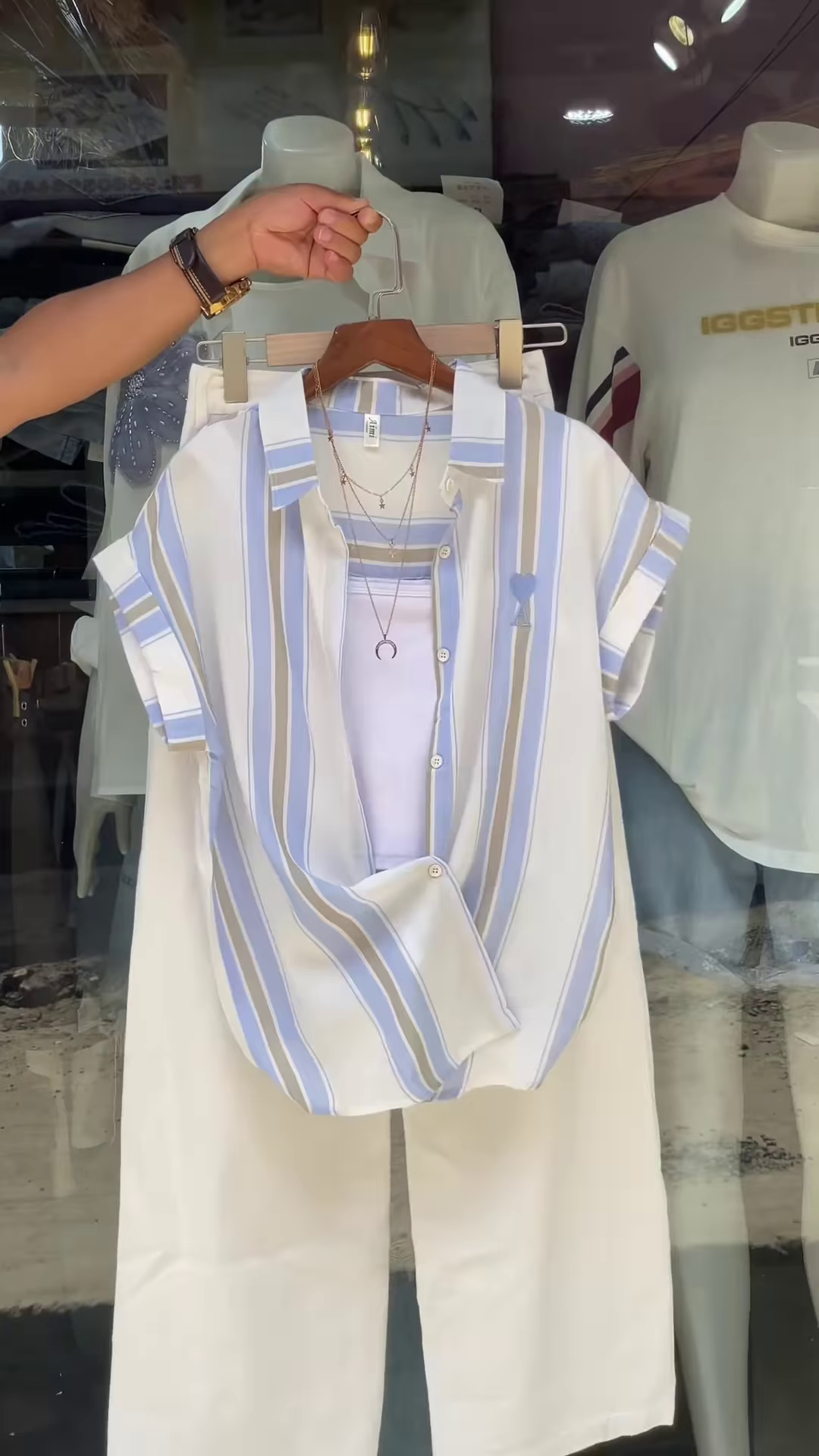 Pink & White Striped Shirt with Layered Tank Top – Casual Chic Outfit for Women - Image 3