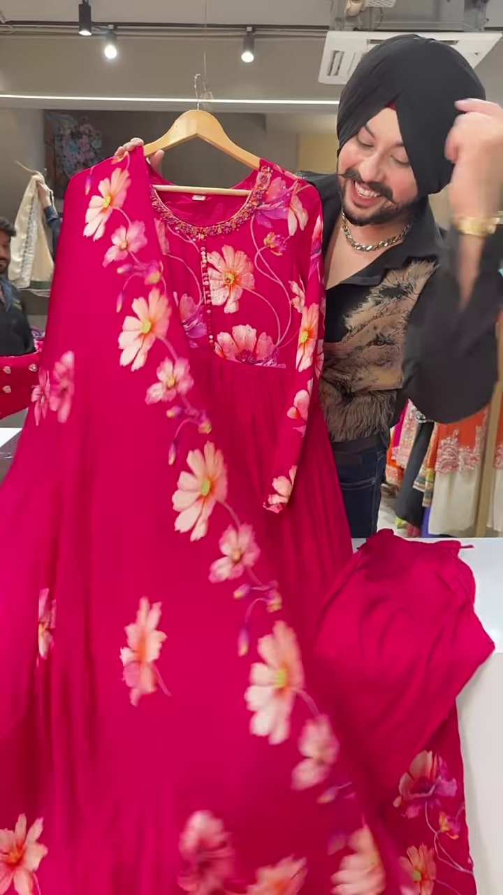 Bright Pink Floral Printed Flared Kurti with Embroidered Neckline and Button Detailing - Image 2