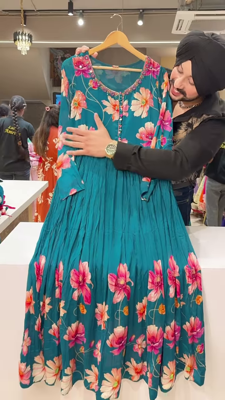 Bright Pink Floral Printed Flared Kurti with Embroidered Neckline and Button Detailing - Image 4