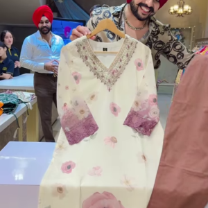 Cream Floral Embroidered Long Dress with Purple Lace Cuffs and Brown Bottoms