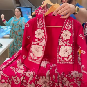 Bright Red Traditional Lehenga-Style Dress with White Floral Embroidery and Matching Jacket