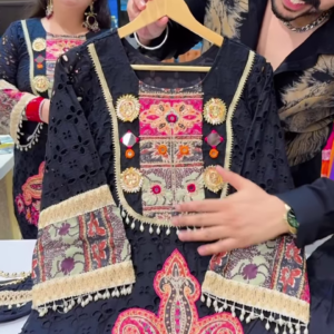 Black Embroidered Ethnic Dress with Multicolor Floral and Geometric Patterns, Tassel Accents