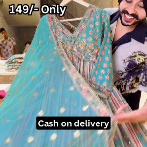 Turquoise Multicolor Printed Ethnic Dress with Embellished Bodice and Striped Lower Panel