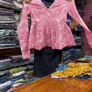 Pink Paisley Printed V-Neck Peplum Top with Long Sleeves for Women