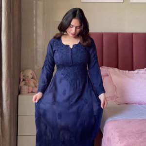 Dark Blue Embroidered Kurta with White Pants – Elegant Desi Outfit for Women