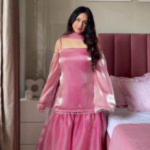 Shiny Pink Off-Shoulder Top & Skirt Set – Tassel-Trimmed Ethnic Partywear for Women